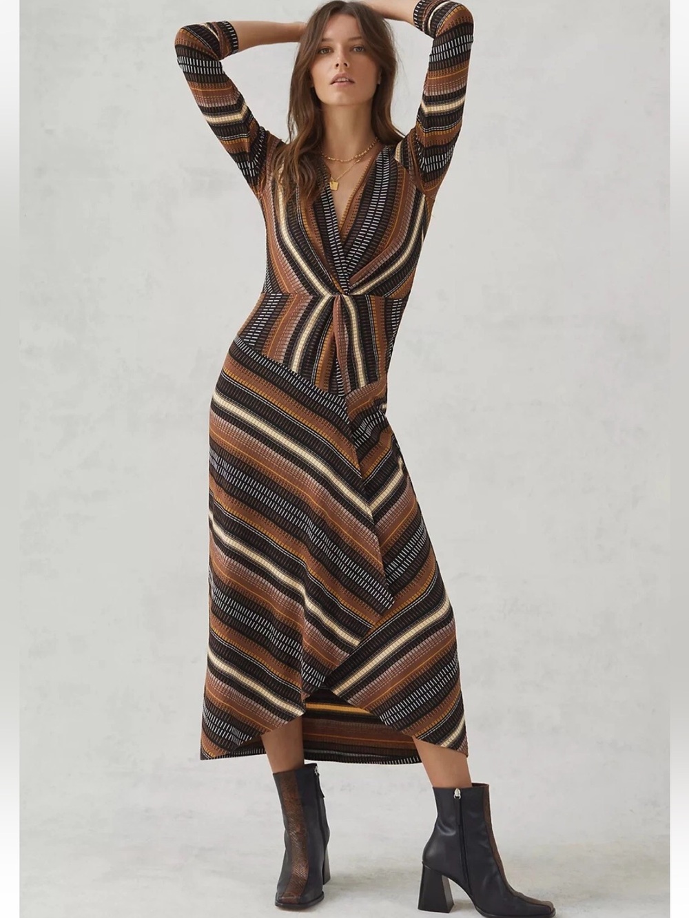 Maeve Anthropologie Faux Wrap Geometric Knit Midi Dress XS Brown Black